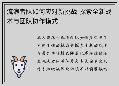 流浪者队如何应对新挑战 探索全新战术与团队协作模式 流浪者队如何应对新挑战 探索全新战术与团队协作模式