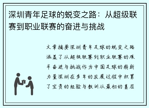 深圳青年足球的蜕变之路：从超级联赛到职业联赛的奋进与挑战
